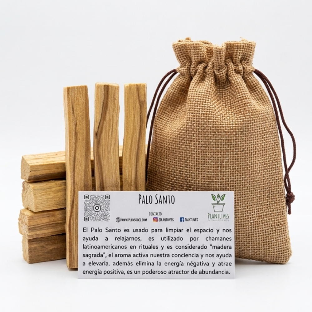 Seis varitas de Palo Santo Plantiviris con tarjeta explicativa y costal