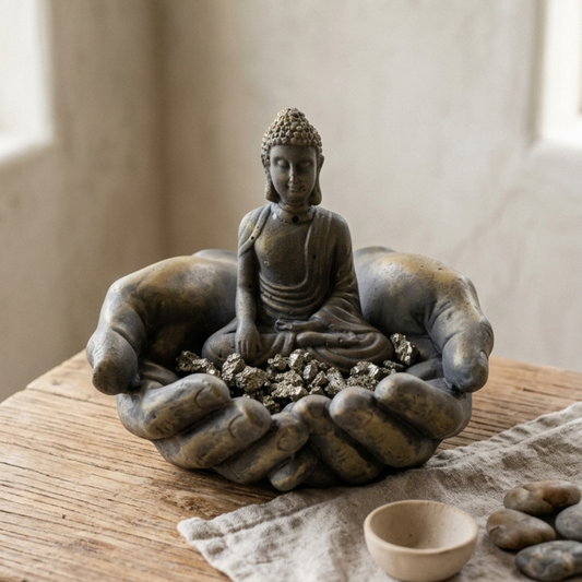 Manos de Abundancia Plantiviris — vista principal del altar con manos de concreto, piritas y figura de Buda