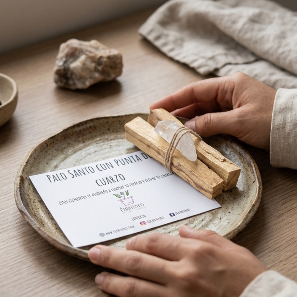 Set Palo Santo con Cuarzo Plantiviris para limpieza energética y regalo con intención