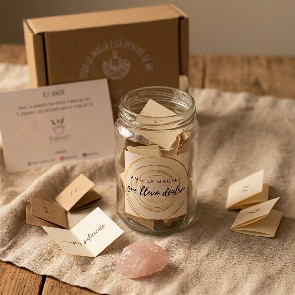 Kit Amor Plantiviris con frasco de papelitos, tarjeta, caja kraft y cuarzo rosa