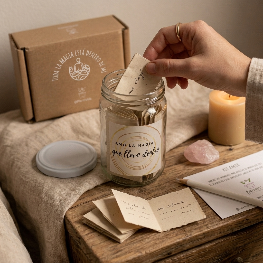 Kit Amor Plantiviris ritual diario de amor propio con frasco, papelitos, lápiz y cuarzo rosa