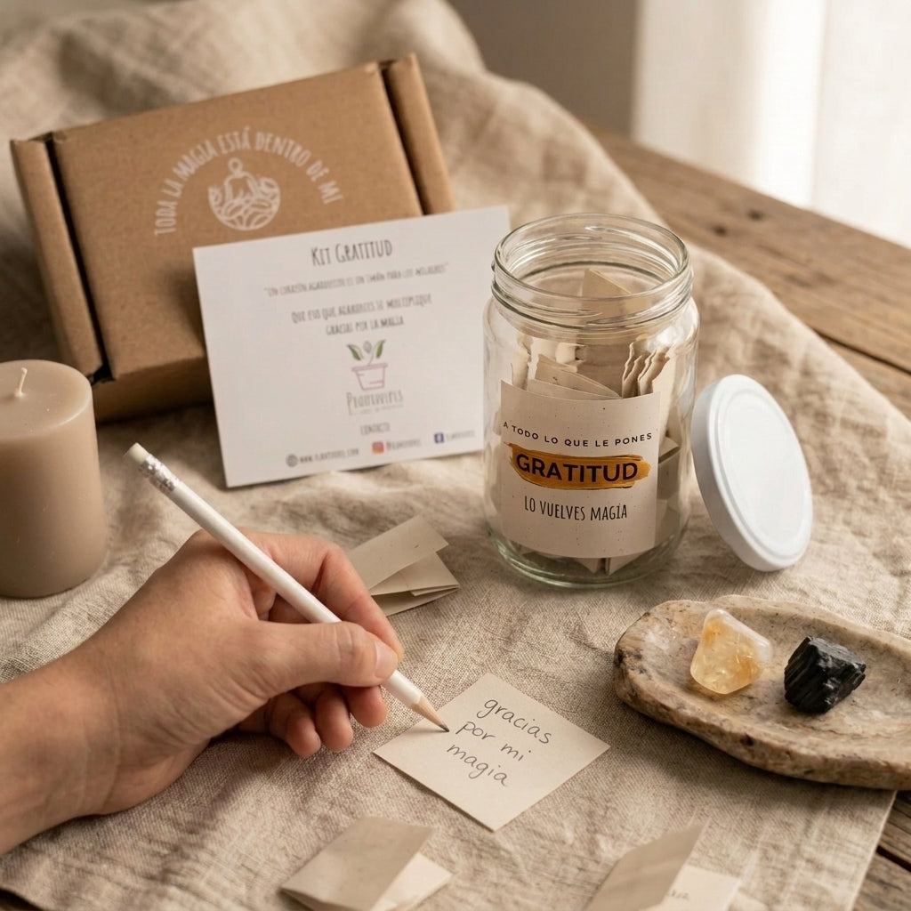 Kit Gratitud Plantiviris con frasco de papelitos, tarjeta, caja kraft, citrino y turmalina