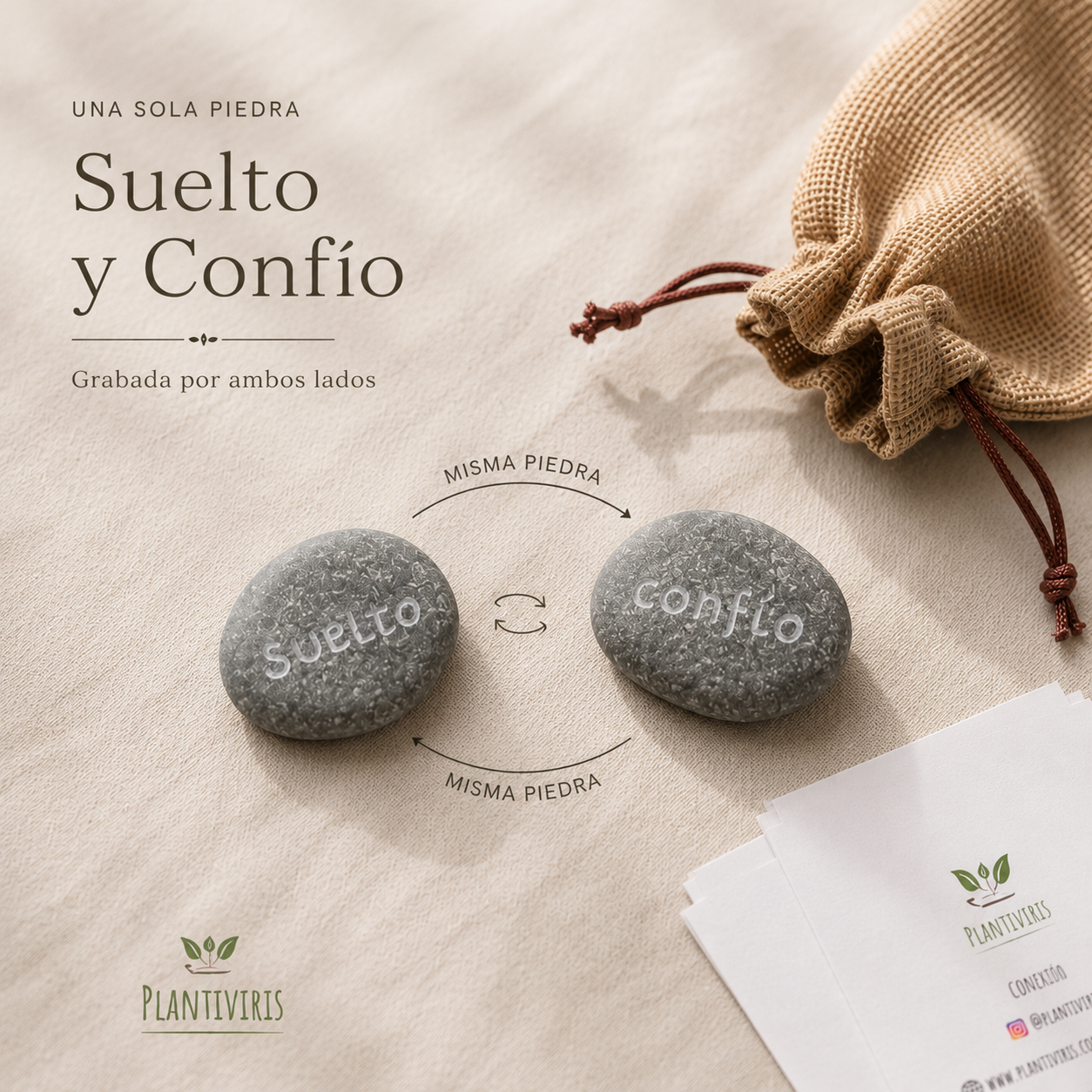 Piedra de Intención Suelto y Confío Plantiviris — una sola piedra grabada por ambos lados