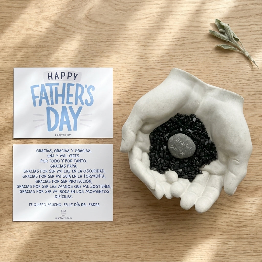 Detalle del Kit Padrísimo para papá con Manos grises de concreto, cuarzo negro confetti y tarjeta Día del Padre