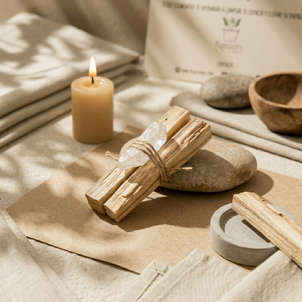 Palo Santo con Cuarzo Plantiviris junto a base de concreto y vela para completar el ritual