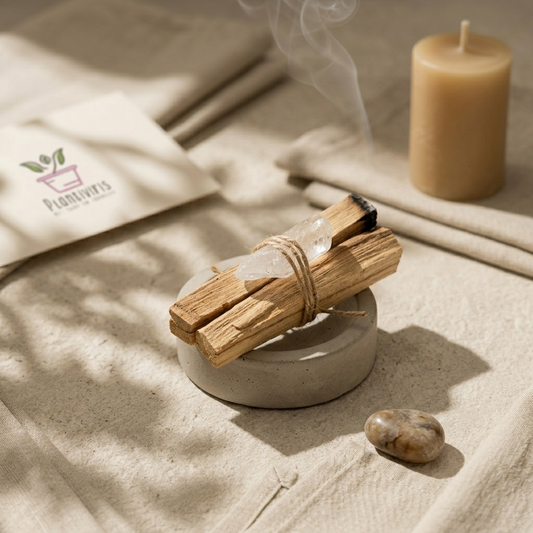 Palo Santo con Cuarzo Plantiviris sobre base de concreto en escena cálida de ritual