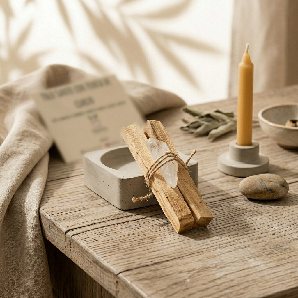 Palo Santo con Cuarzo Plantiviris en altar cálido con vela y texturas naturales