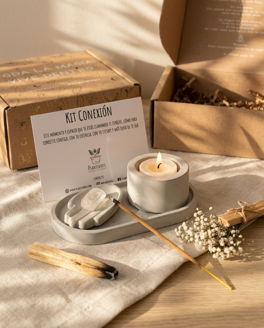 Kit Conexión Plantiviris estilo editorial con caja, vela, cuarzo, Palo Santo, incienso y manita de concreto