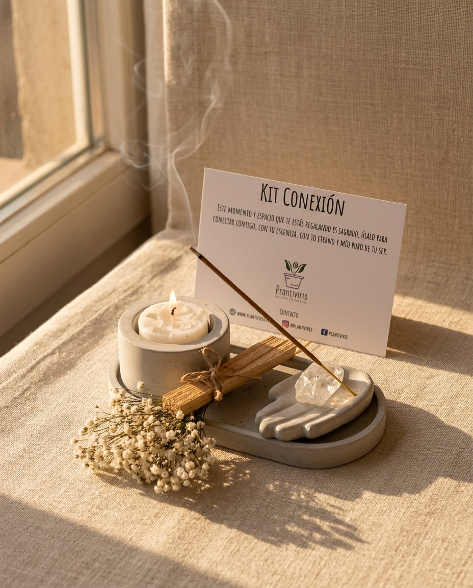 Ritual Kit Conexión Plantiviris con vela, cuarzo, Palo Santo e incienso en luz cálida