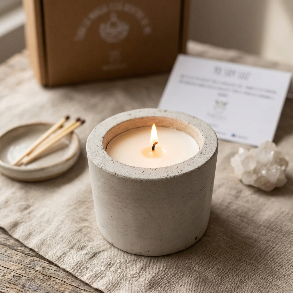 Yo Soy Luz Plantiviris vela de intención con caja kraft, tarjeta y cerillos en escena de ritual